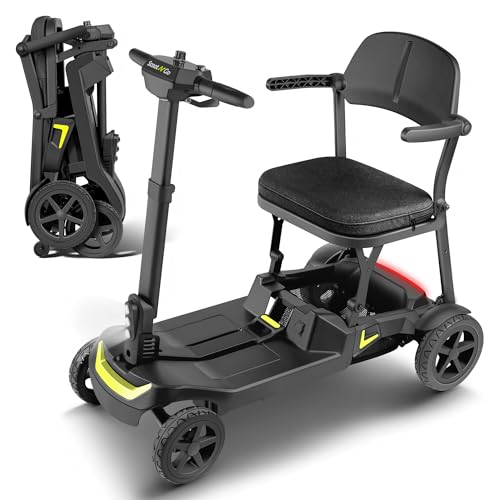 SCOOTNGO Mobility Scooters for Seniors & Adults, 4 Wheel Powered Travel Mobility Scooter with Dual Removable Batteries, Lightweight Foldable Airline Approved, Long Range, 5 MPH, Black Yellow-Green