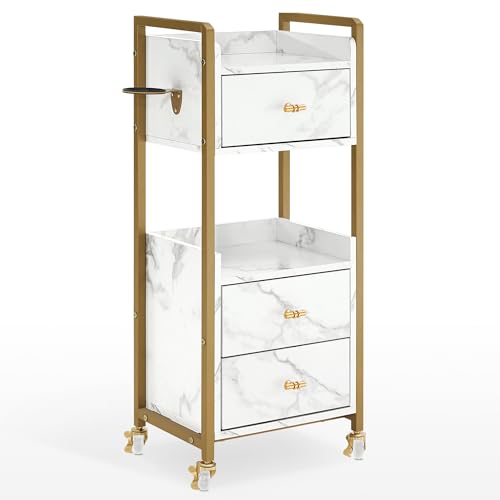 BarberPub Salon Cart with Lockable Wheels, Acetone Resistant Storage Barber Trolley with 1 Hair Dryer Holder & Drawers, Rolling Tattoo Cart, Makeup Organizer Beauty Equipment 2478 (White)