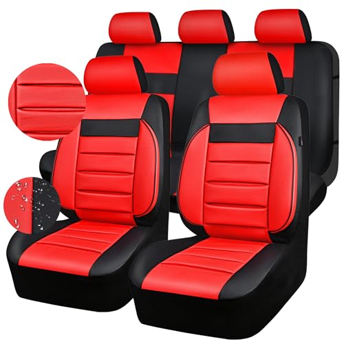 CAR PASS Leather Seat Covers Full Set Universal Water Resistant 3D Foam Back Support, Luxury Comfort Automotive 5 Seat Covers All Season Fit for SUV,Sedan,Van, Airbag Compatible Elegance (Black Red)