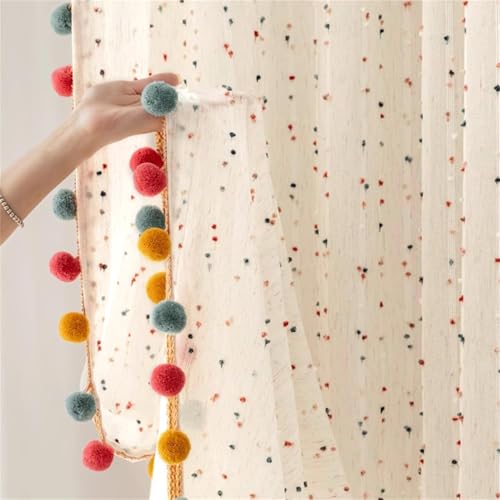 Boho Rainbow Sheer Curtain with Colorful Pom Pom Voile Drapes Light Filtering Faux Linen Stripe Pompom Rod Pocket Window Drapes for Boys/Girls Bedroom/Nursery 2 Panels (W52 X L84 Inch-2PCS,White)