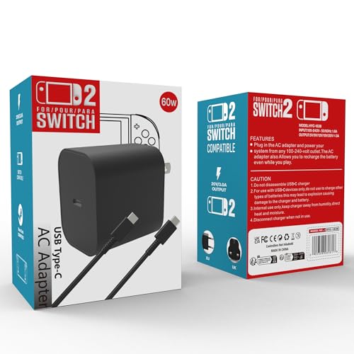 60W Charger for Nintend Switch 2 - AC Adapter Fast Charging with 5FT USB C Cord - Compatible with Switch Lite/OLED