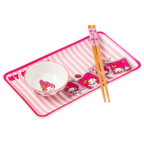 Silver Buffalo Sanrio Hello Kitty and Friends My Melody 3 Piece Boxed Ceramic Sushi Set, Includes Chopsticks, Plate, and Dipping Sauce Dish