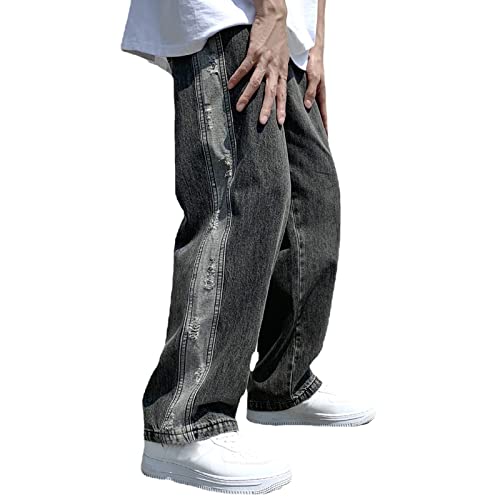 Men's Hiphop Jeans Sports Trousers Baggy Wide Leg Hipster Hip Hop Streetwear Casual Biker Travel Cycling Sreet Dance Cargo Denim Pants(Black,Small)
