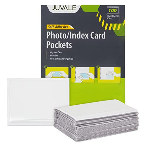 100 Pack Top Load 4x6 Photo Sleeves with Adhesive, Index Card Holder for Office Supplies, Clear Label Pockets for Small Business - Photo Pocket