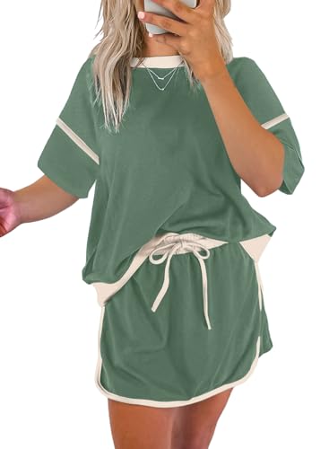 EVALESS Women's Two Piece Sets Summer Outfits 2025 Trendy Loose Fit Short Sleeve Tops Matching Elastic High Waist Short Skirt Plus Size Tracksuit Loungewear Set Comfy Clothes Green XX-Large