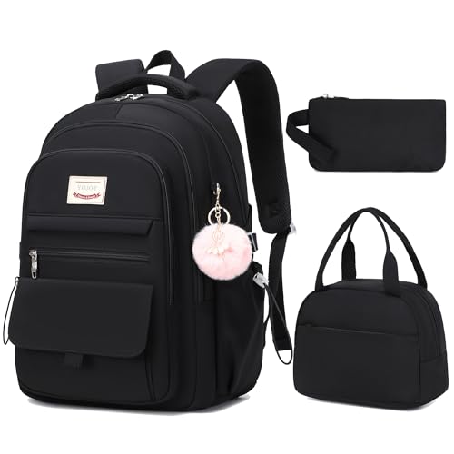 YOJOY School Bag for Teens Girls,Girls Backpack Set,3 PCS Kids Backpack for Women,15.6 Inch Laptop Middle High School College Student Casual Travel Daypack with Lunch Box Pencil Pouch Set(Black)