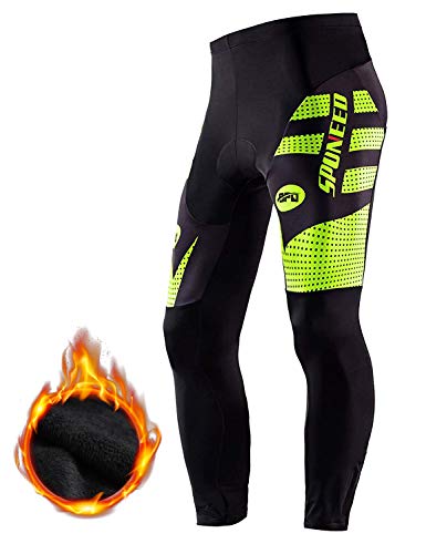 sponeed Men's Biking Pants Padded Winter Bike Clothing Thermal Fleece Warm Cycling Tights US XL Green