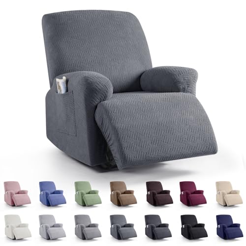 KinCam Recliner Chair Covers, Stretch Reclining Cover, Recliner Sofa Slipcovers Stripe Jacquard Recliner Couch Covers Furniture Protector Covers for Pet Kid (1 Seater, Dark Gray)