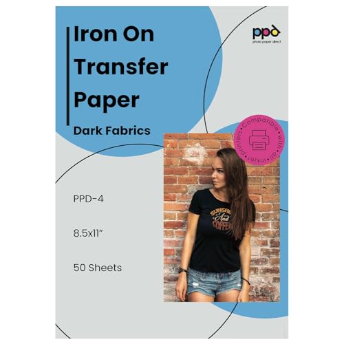PPD Iron on Transfer Paper for Dark Fabric Compatible with Inkjet Printer, 8.5 x 11 Printable T Shirt Heat Transfer Papers, Custom Print Photo, Durable, Flexible & Machine Washable (50 Sheets)
