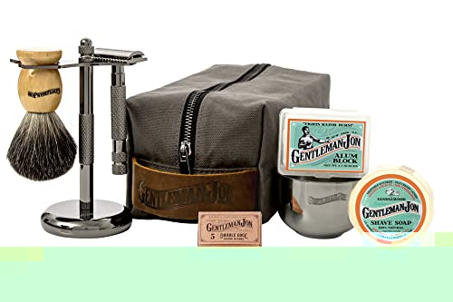 Gentleman Jon Deluxe Vintage Wet Shave Grooming Set for Men - Safety Razor, Brush, Alum Block, Soap, Bowl, Blades, Stand & Dopp Kit