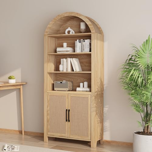 Janmer Home 71" Tall Arched Bookcase with Storage, Mid-Century Modern 6-Tier Curved Cabinet with Door, Arched Bookshelf Cabinet with Open Display Storage Shelf for Office Living Room (Natural)