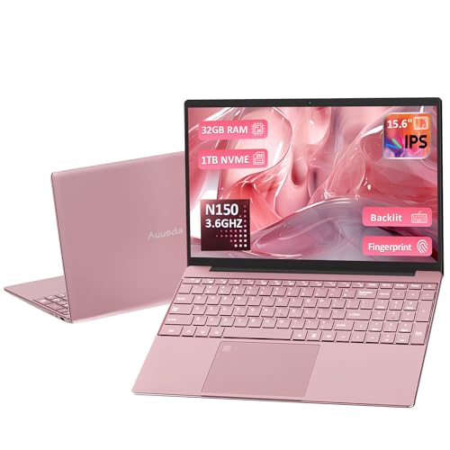 Auusda 32GB RAM 1TB SSD Pink Laptops Computer, N150 up to 3.60GHz, 15.6" FHD Display, 8000mAh Battery, Backlit Keyboard, Fingerprint, Win11 Pro for School, Zoom, Streaming, and Travel 2 Year Warranty