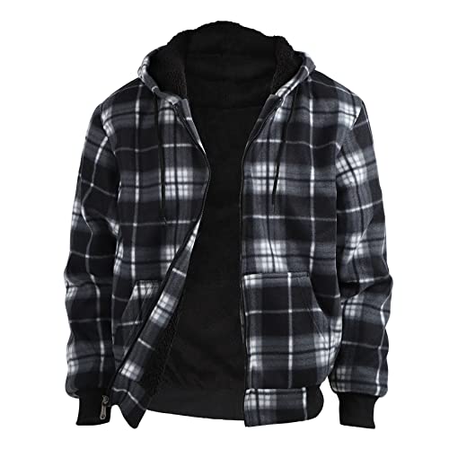 Gary Com Heavy Thick Flannel Plaid Jacket Sherpa Fleece Lined Hoodies for Men Zip Up Winter Warm Sweatshirts Work Jackets Coat With Pocket,Black 5XL