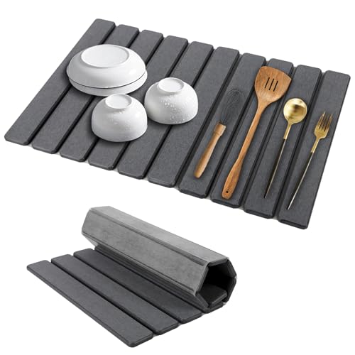 Large Stone Dish Drying Mat for Kitchen Counter, 23''×15'' Black Dishes Drying Matt Kitchen Counter, Absorbent Diatomaceous Earth Bath Quick Dry Mats for Tableware, Bottles and Cup