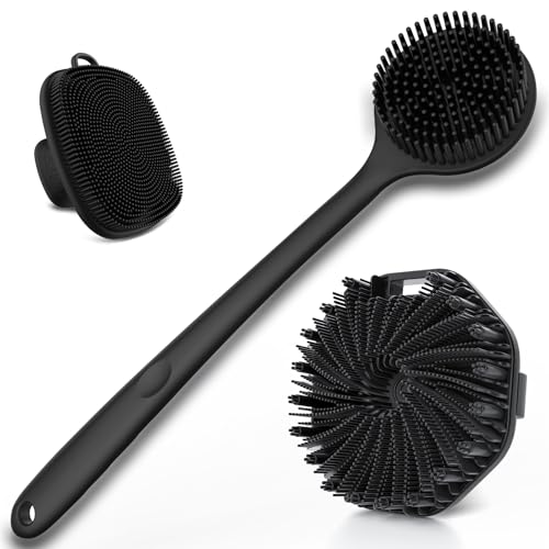 3 PCS Silicone Bath Brush Set,Back Scrubber & Body Brush & Face Brush Set, Super-Exfoliating & Lathering Body Scrubber, Shower Brush, Face Scrubber Combination for HomeBathroom Hotel Travel.(Black)