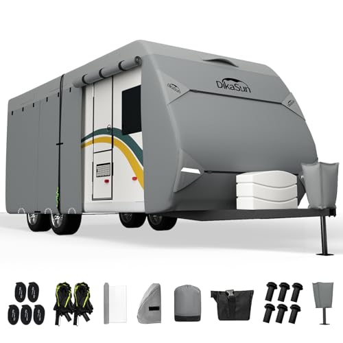 DikaSun RV Cover, Upgraded 7 Layers top travel trailer cover Fits 18 to 20 feet RV, Waterproof camper Cover for Toy Hauler with Tongue Jack Cover, Gutter Covers