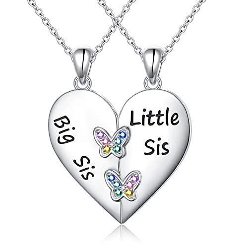 Alphm Sister 925 Sterling Silver Big Little Sister Bestie Pendant Necklaces Twin Sorority Heart Halves Matching Jewelry for 2 Women