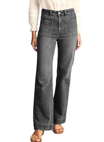 Astylish Wide Leg Jeans for Women Trendy High Waisted Straight Jeans Loose Denim Pants Stretchy Buttoned Baggy with Patch Pockets Size 8 Gray