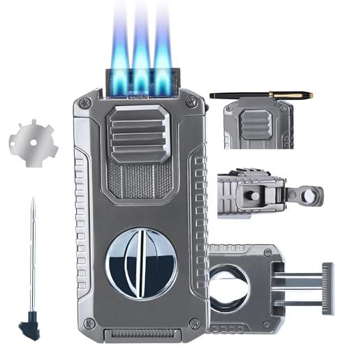 Vrufamt Refillable Butane Torch Lighter with Built-in Holder and 3 Jet Flame - All-in-1 Tool for Men (Butane not Included)