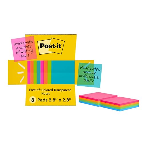 Post-it Colored Transparent Sticky Notes 3x3 in 8 Pads/Pack 36 Sheets/Pad Sticks Securely and Removes Cleanly