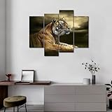 4 Panel Wall Art Tiger Looking and Sitting Under Dramatic Sky with Clouds Painting Pictures Print On Canvas Animal The Picture for Home Modern Decoration Piece Stretched by Wooden Frame,Ready to Hang