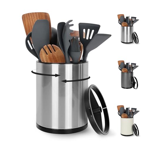 Nigelia Extra Large Kitchen Utensil Holder, 360° Rotating Stainless Steel Cooking Utensil Holder for Countertop, 3 Compartment Flatware Organizer & Cooking Caddy with Removable Base（Silvery）