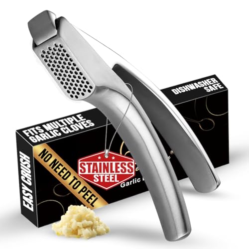 No Peeling Required Garlic Press Stainless Steel with Detachable Handle for Fine Mincing - Premium Garlic Mincer Tool, Rust-Proof, Easy to Clean, Dishwasher Safe Garlic Crusher with 5-Year Warranty