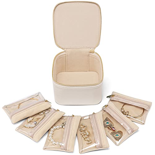 Vlando Travel Jewelry Case,Small Jewelry Box Organizer,Travel Jewelry Storage with 6 Velvet Jewelry Zipper Pockets, Birthday Gifts for Women Girls (White)