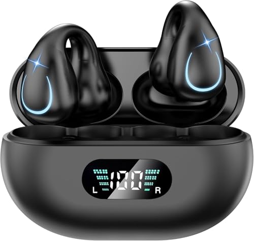 Open Ear Bone Conduction Headphones Bluetooth 5.3 Wireless Clip On Earbuds with Digital Display Charging Case 60 Hours Playtime IPX7 Waterproof Sports Earphones for Running, Walking, Workout(Black)