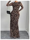 BEAUDRM Women's Y2k Leopard Print Fitted Mesh Sheer Bodycon Dress Cheetah Long Sleeve Crew Neck Maxi Dress Brown Large