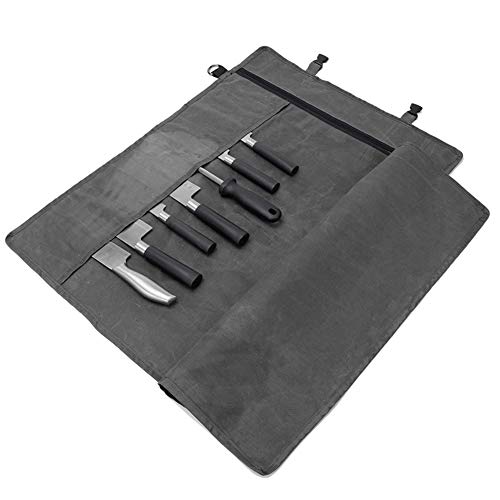 HERSENT Chef’s Knife Roll Bag,Waxed Canvas Knife Cultery Carrier,Portable Chef Knife Cases,Knife Pouch Holders With 10 Slots Plus 1 Zipper Pockets Can Hold Home Kitchen Knife Tools Up To 18.8”
