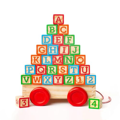 Oaktown Supply Building Blocks for Toddlers 1-3 Years Old, 30 Large Stackable Wooden Baby Blocks with Alphabet and Number Icons on Every Side, Toy Wagon Included