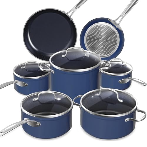 Nuwave Healthy Duralon Blue Ceramic Nonstick Cookware Set, Diamond Infused Scratch-Resistant, PFAS Free, Dishwasher & Oven Safe, Induction Ready & Evenly Heats, Tempered Glass Lids & Stay-Cool Handles
