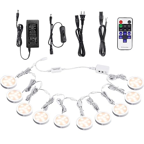 AIBOO Linkable Under Cabinet LED Lighting 12V Dimmable Puck Lights with Wireless RF Remote Control, Hardwired & Wall Plug in for Furniture Cupboard Lighting(10 Lights, Warm White)