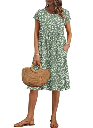 AUSELILY Women's Summer Short Sleeve Knee-Length Dresses Round Neck Loose Dress with Pockets 2025 New, Flyleaf Olive L