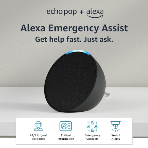 Echo Pop + Alexa Emergency Assist Monthly (auto-renewal) | Full sound compact smart speaker | Charcoal