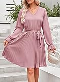 PRETTYGARDEN Women's Casual Spring Fall Dresses Long Puff Sleeve V Neck Pleated Ruffle Flowy Belted Dress (Pink,Large)