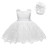 LZH Baby Girls Lace Embroidery Dress Bowknot Party Dress Bridesmaid Wedding Gown with Headwear A-White