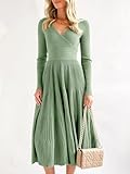 Saodimallsu Womens V Neck Midi Sweater Dress Wrap Long Sleeve Pleated A Line Fit Flare Elegant Knit Maxi Dress Light Green