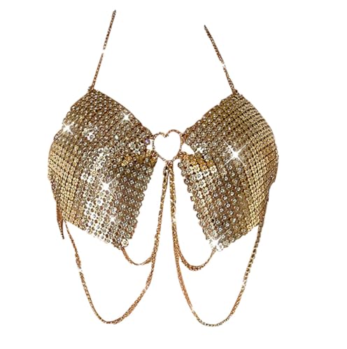 Boho Rhinestone Chest Chain Bra Shiny Crystal Tassel Underwear Necklace Gold Sequins Crop Top Bikini Body Accessories Jewelry for Women