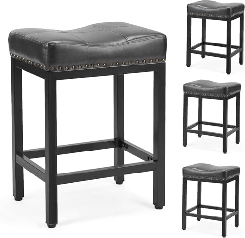 Sweetcrispy Counter Bar Stools Set of 4, 24 Inch Barstools for Kitchen Island, Upholated PU Leather Kitchen Chairs with Thick Saddle Seat & Metal Base and Footrest, Black
