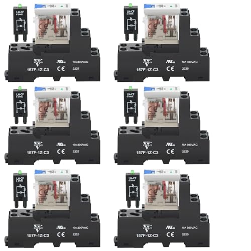 6 Pcs 12Amp Power Relay Switch 24V DC Relay Coil, 5 Pin SPDT 1NO 1NC with Test Button, LED Module Light, Socket Base, DIN Rail