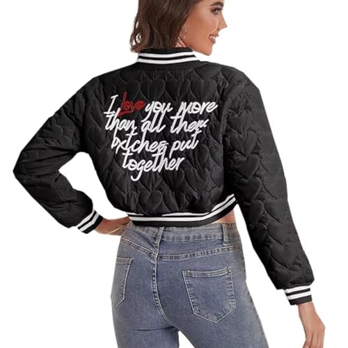 Women's Baseball Varsity Jacket Cropped Bomber Quilted Jackets Vintage Casual Lightweight Crop Top Coat