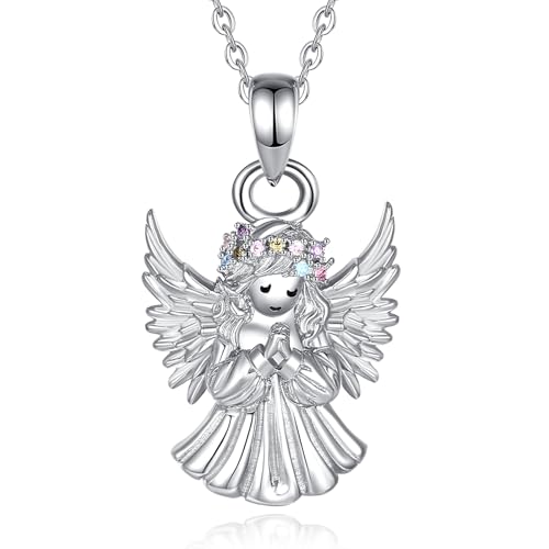 EUDORA S925 Sterling Silver Guardian Angel Necklace for Women with Cubic Zirconia, Cute Angel Wing Pendant Amulet Christian Jewelry Original Gifts for Women Wife Daughter Mother, 18"