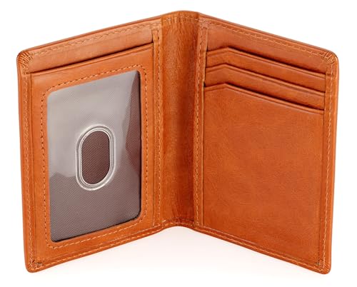 Stealth Mode Men's Slim Front Pocket Wallet - RFID Blocking, Thin Minimalist Bifold Design, Genuine Leather - ID Badge Window and 5 Sleeves for Money, Credit and Debit Cards, Driver's License - Brown