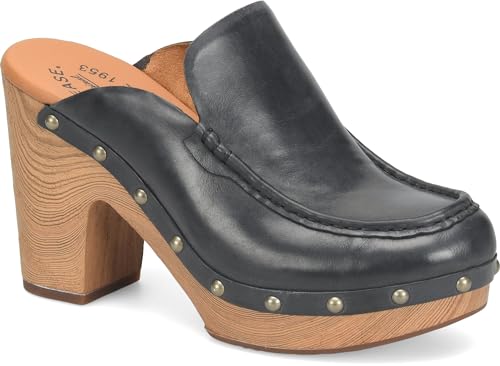 KORK-EASE Women's Spencer Clog - Riveted Trim, Faux Wood Heel (Black, 11M US)