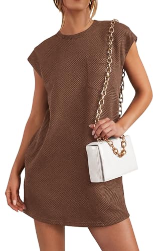 PRETTYGARDEN Women's Summer Short T Shirt Dress Cap Sleeve Crew Neck Casual Loose Basic Mini Dresses (Coffee,Large)