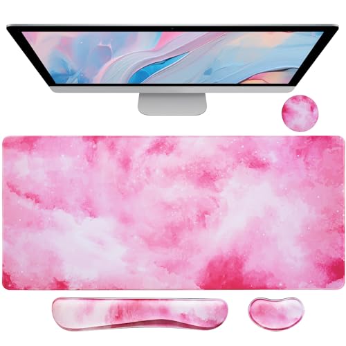 Bloss Pink Mouse Pad+Wrist Rest, 4-in-1 Larg Desk Pad Mat, Anti-Slip Keyboard Pad, Gaming Mouse Pad, Cute Desk Accessories for Keyboard and Mouse-Pink Clouds (31.5 x 15.7 Inches)