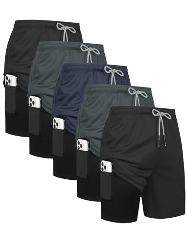 HOPLYNN 5 Pack Mens 2 in 1 Running Shorts with Liner, Quick Dry Workout Training Gym Athletic Sport Shorts with Pockets 2 Black 2 Gray 1 Blue Medium