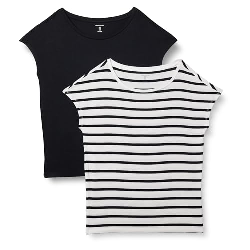 Amazon Essentials Women's Jersey Standard-Fit Short-Sleeve Boat-Neck T-Shirt, Pack of 2, Black/White French Stripe, Medium